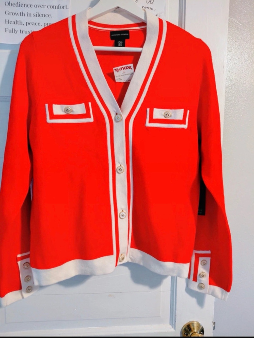 Adrienne Vittadini Red V-Neck Button Cardigan with White Trim